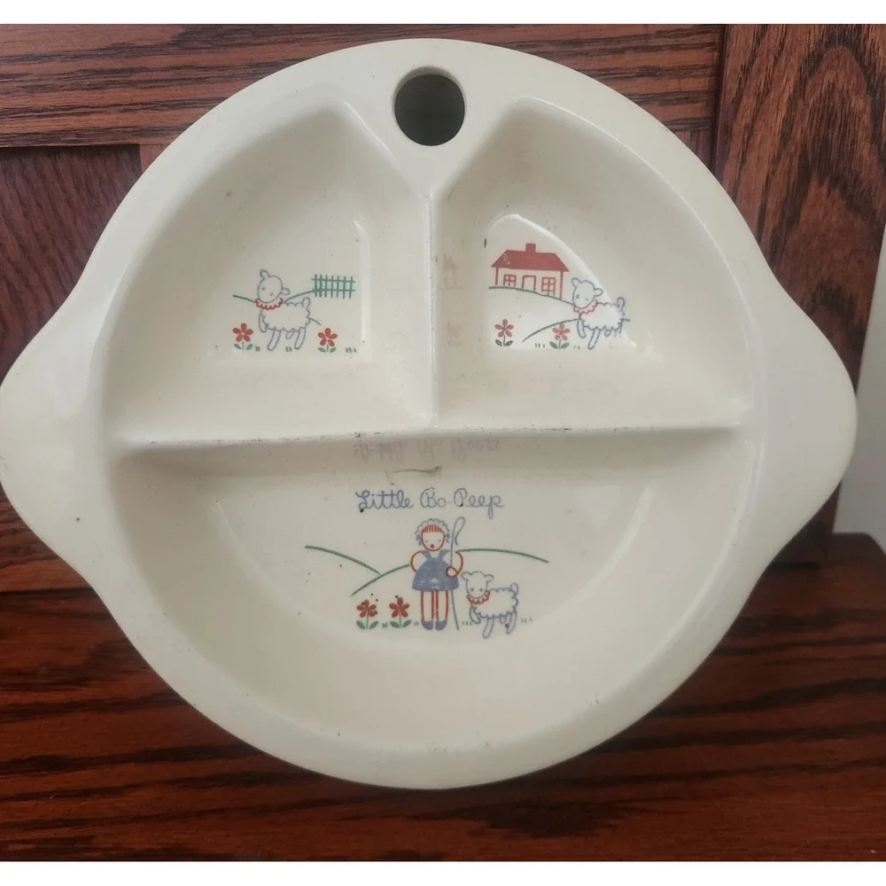 Vintage 1944 Excello Porcelain Child's Warming Bowl Plate Little Bo Peep Pattern